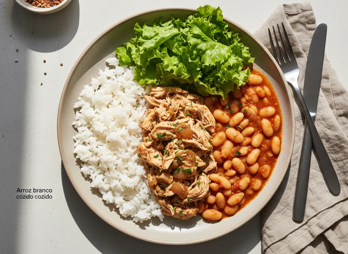 Prato com frango, feijão, arroz e alface photo