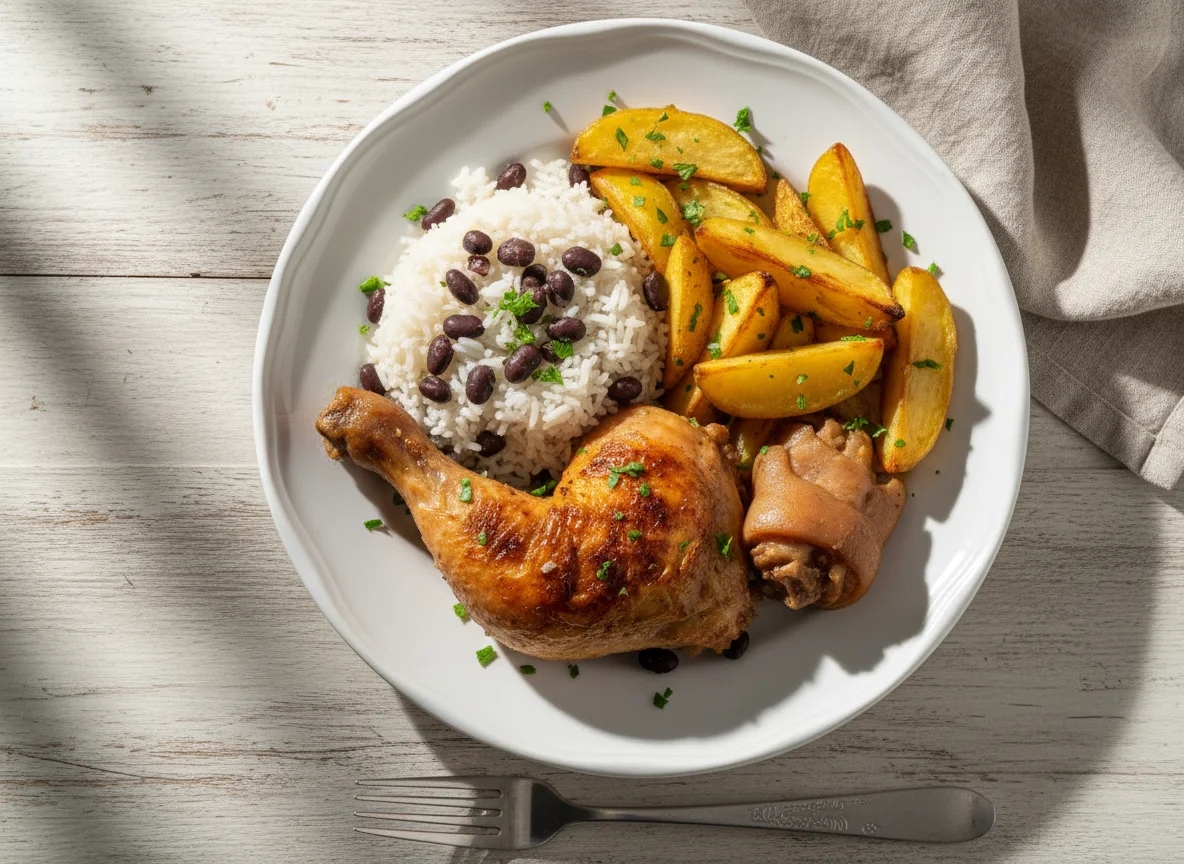 Prato com frango, feijão, arroz e batatas photo