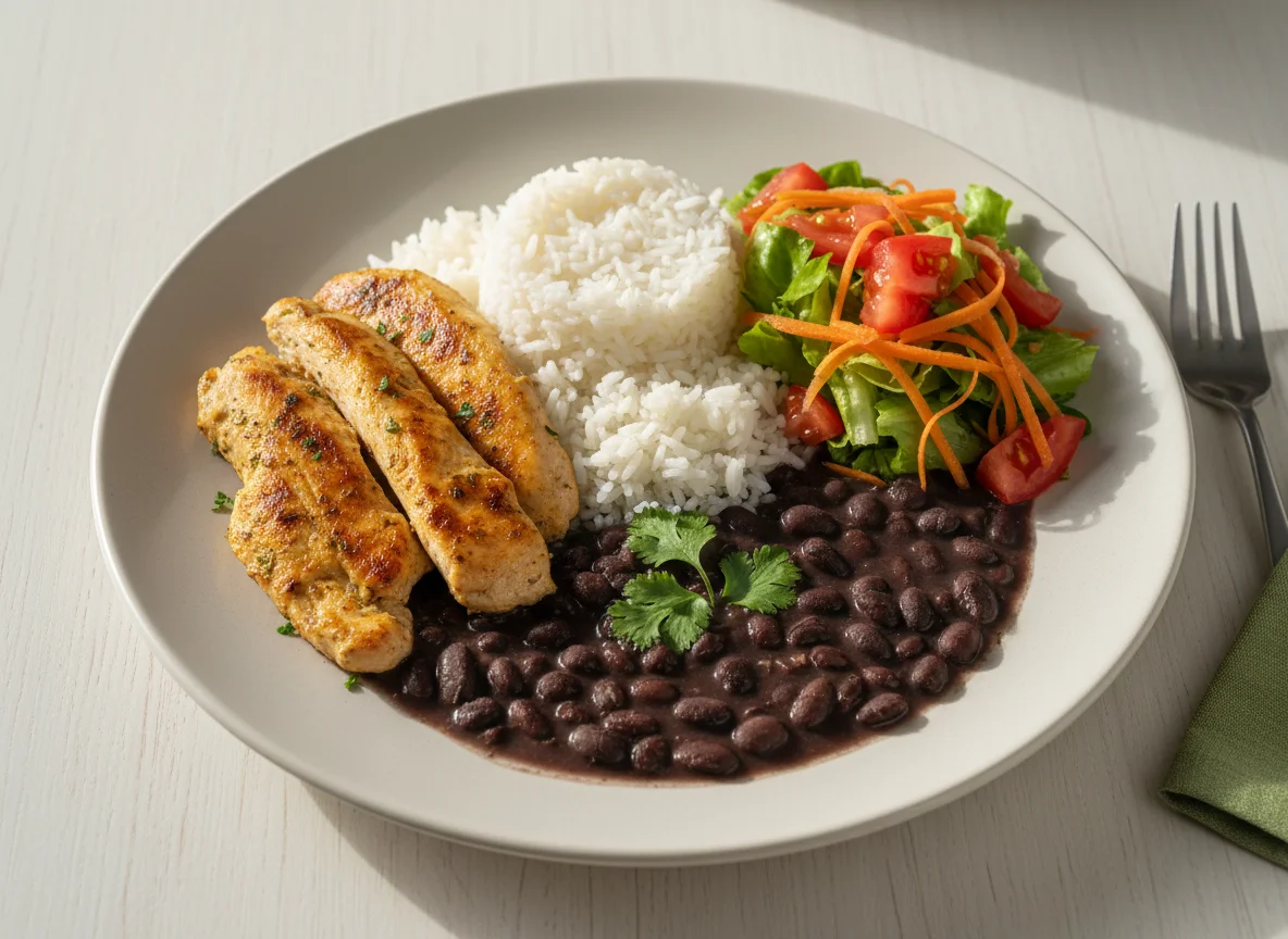 Prato com frango, feijão, arroz e salada photo