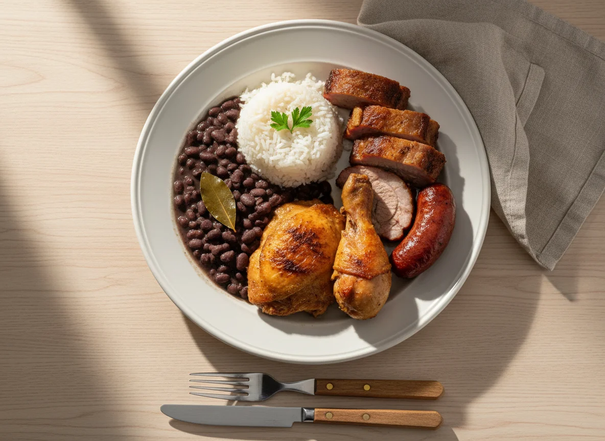Prato com frango, feijão e arroz photo
