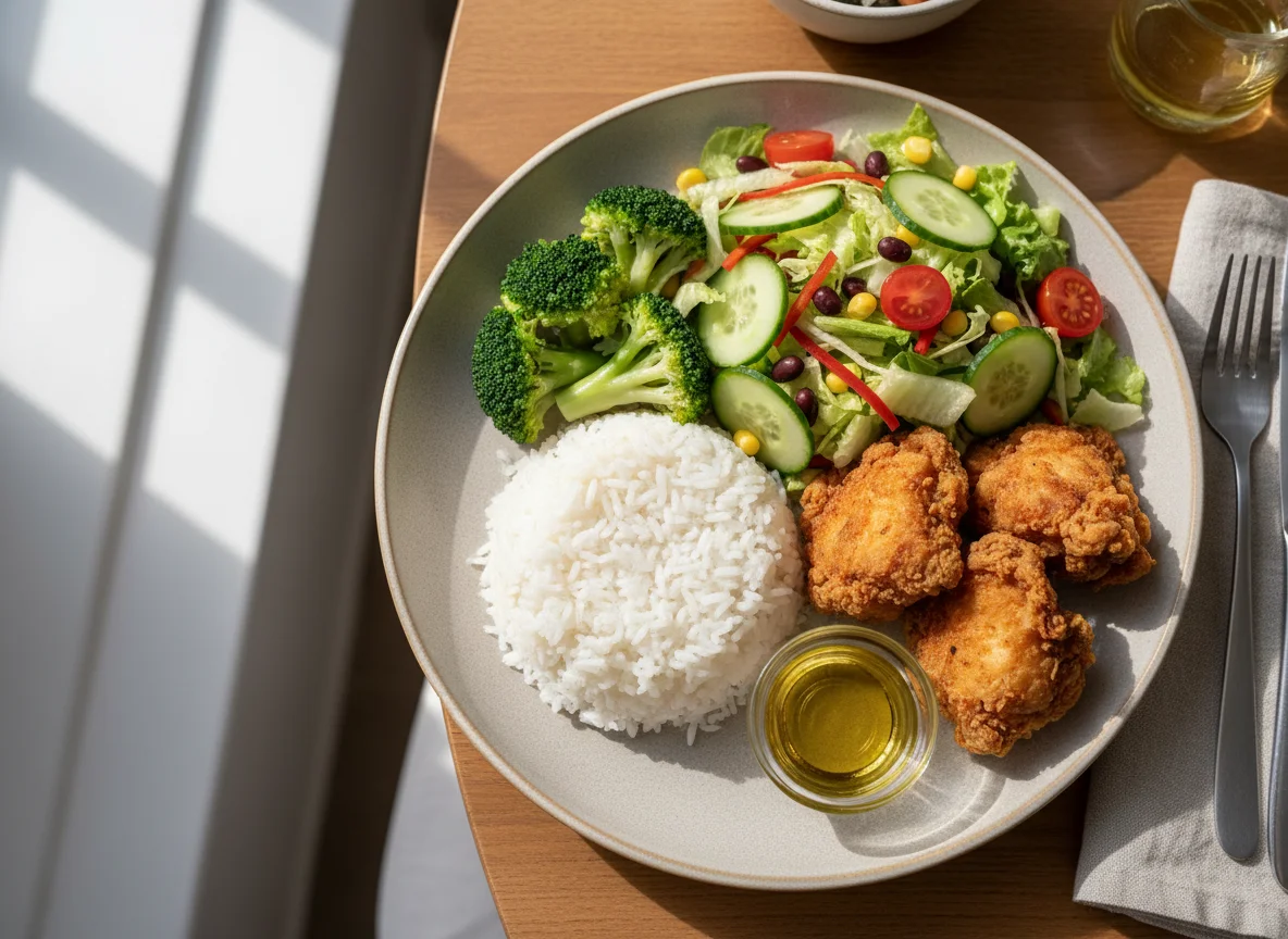 Prato com frango frito, arroz, brócolis e salada photo