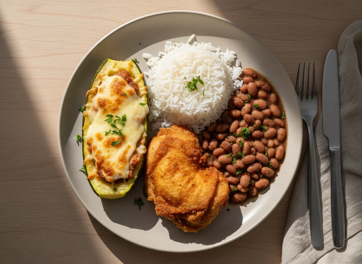 Prato com frango frito, arroz com feijão e abobrinha recheada photo