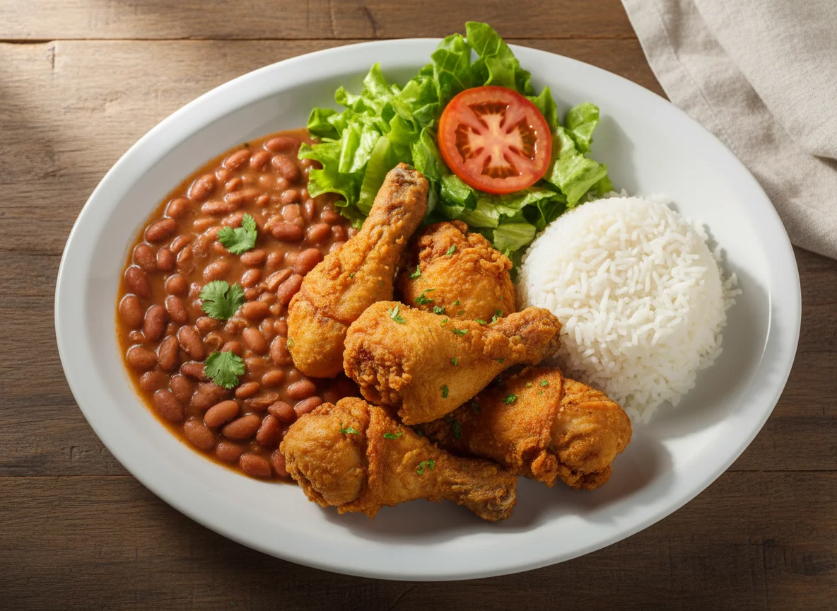 Prato com frango frito, arroz, feijão e salada photo