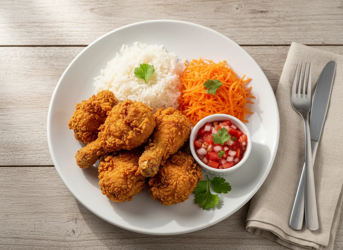 Prato com frango frito, arroz, salada de cenoura e vinagrete photo