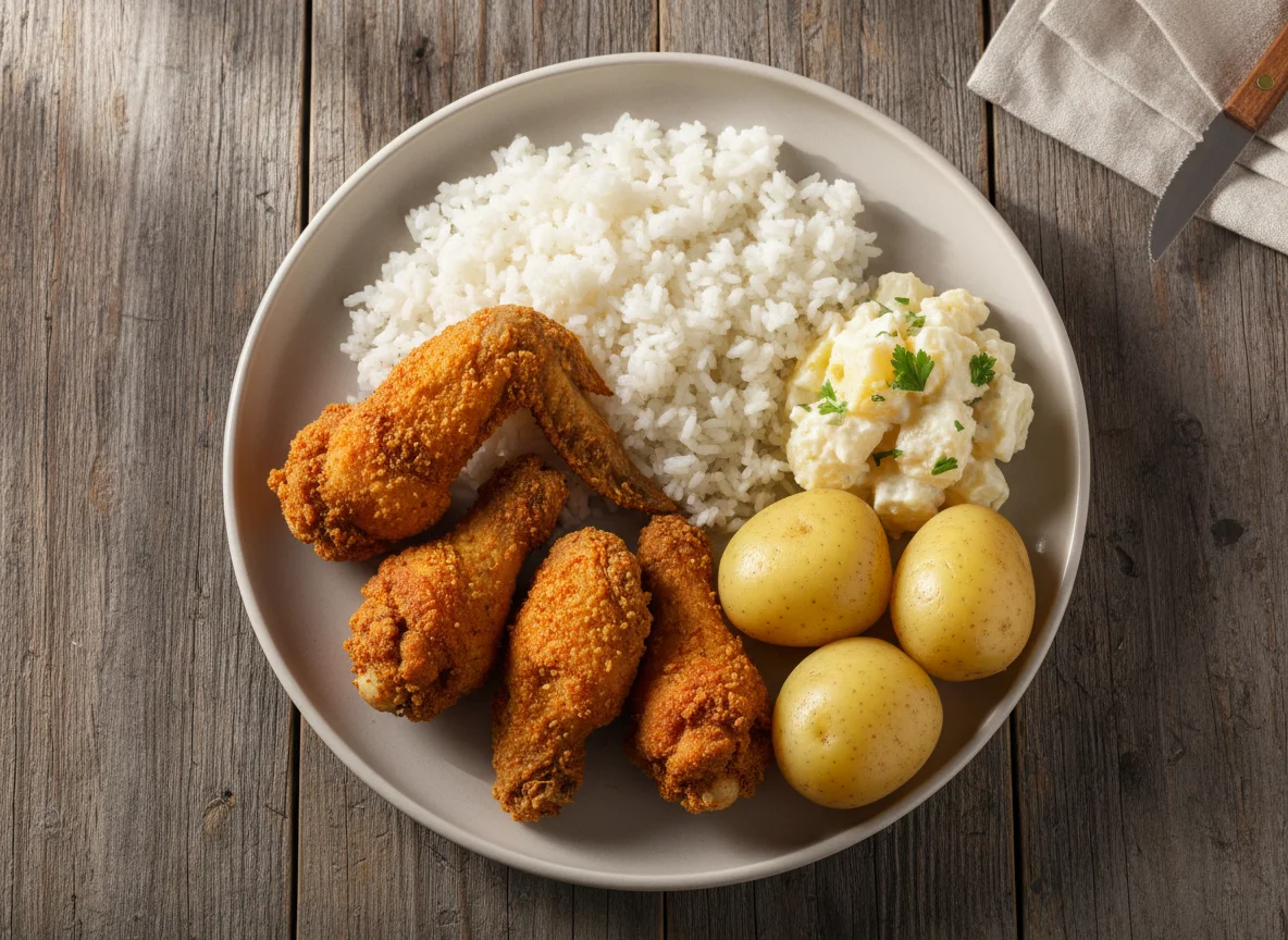 Prato com frango frito, arroz, salada de maionese e batata cozida photo