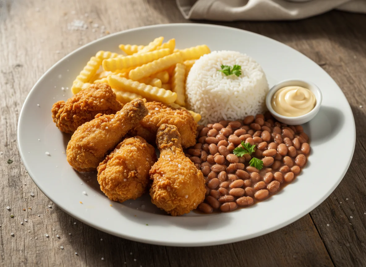 Prato com frango frito, batata frita, arroz, feijão e maionese photo