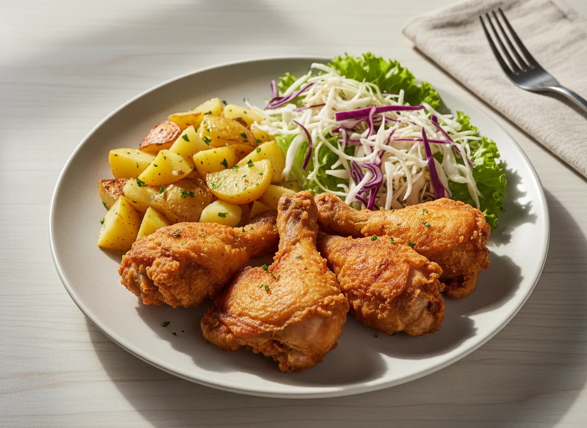 Prato com frango frito, batatas e salada photo