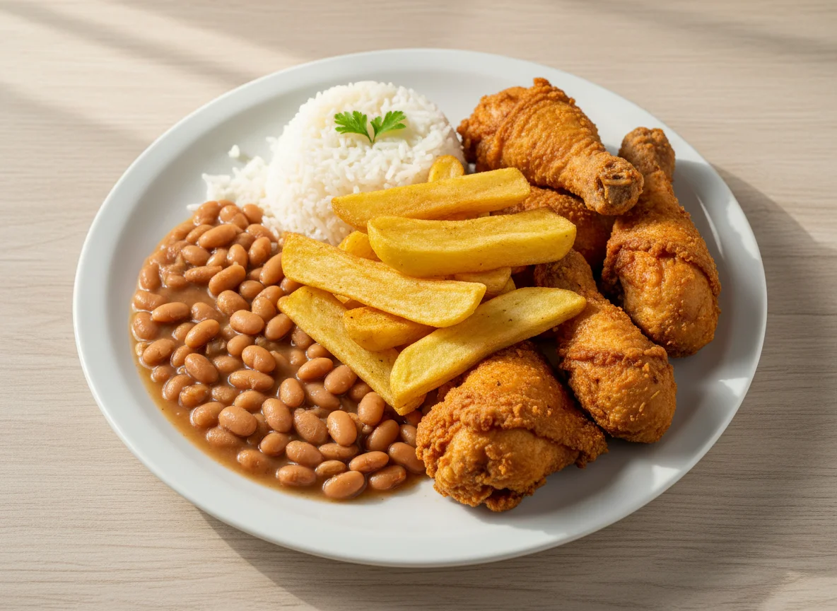 Prato com frango frito, batatas fritas e arroz com feijão photo