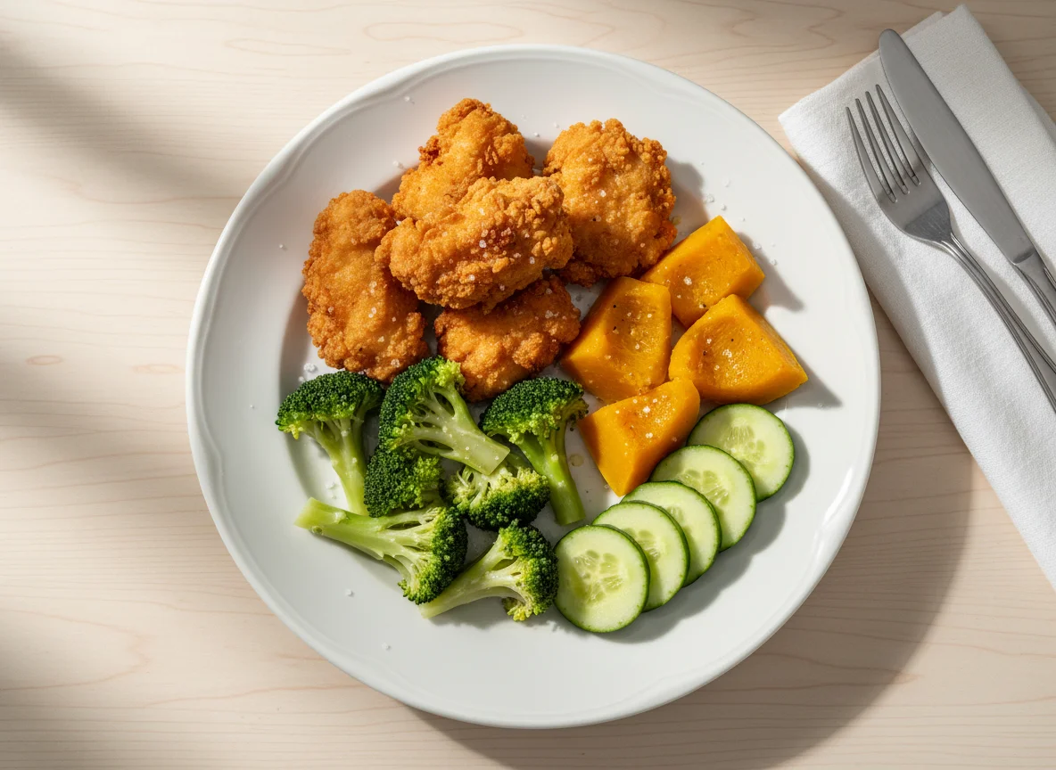Prato com frango frito, brócolis, abóbora e pepino photo