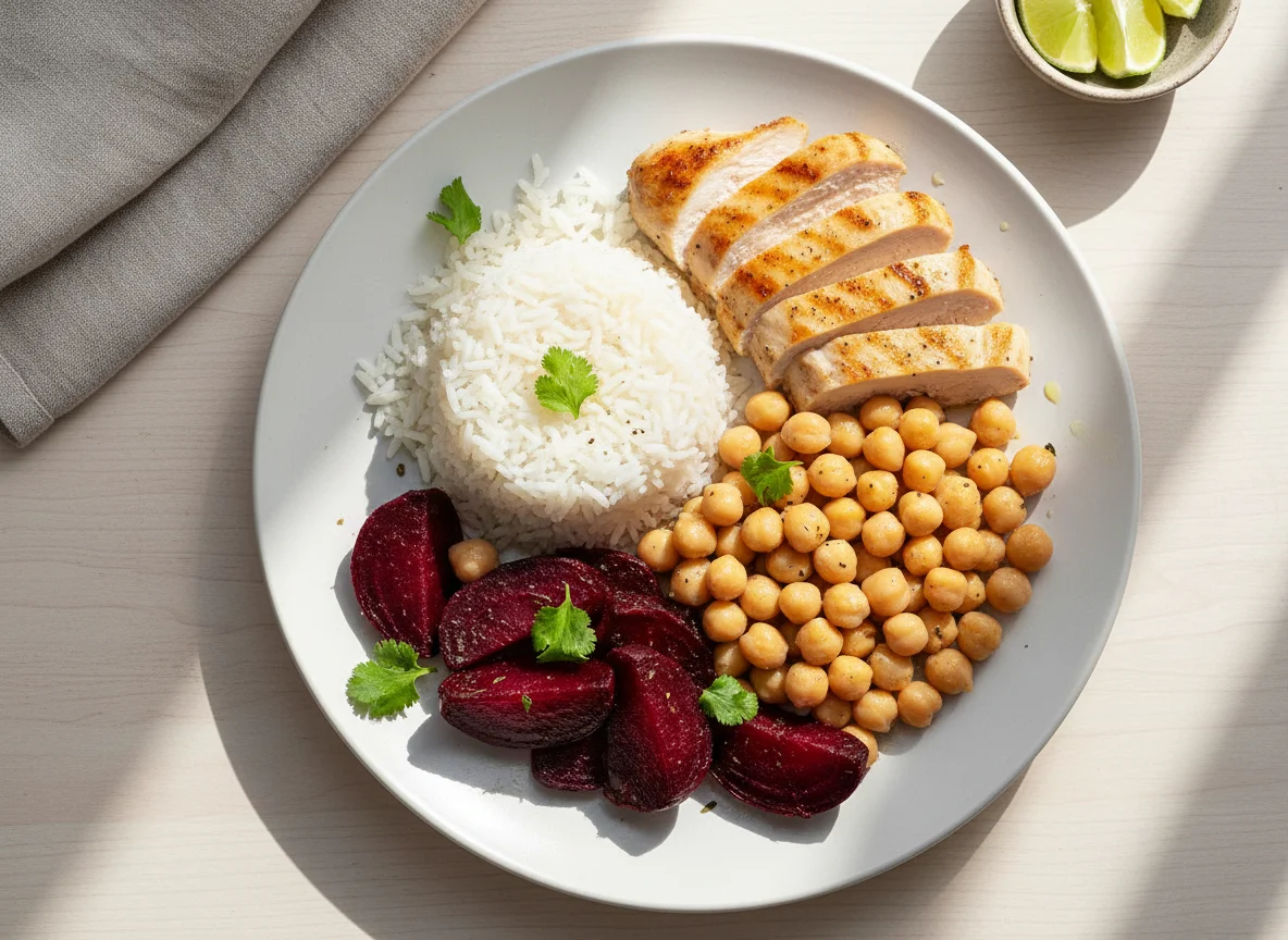 Prato com frango, grão de bico, arroz e beterraba photo