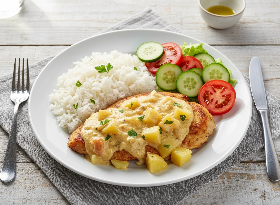 Prato com frango gratinado, arroz e salada photo