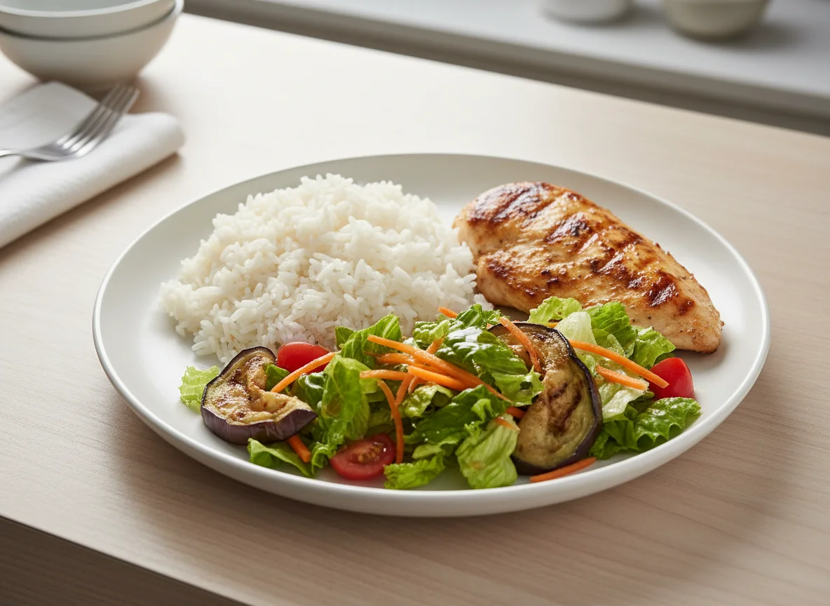 Prato com frango grelhado, arroz e salada photo