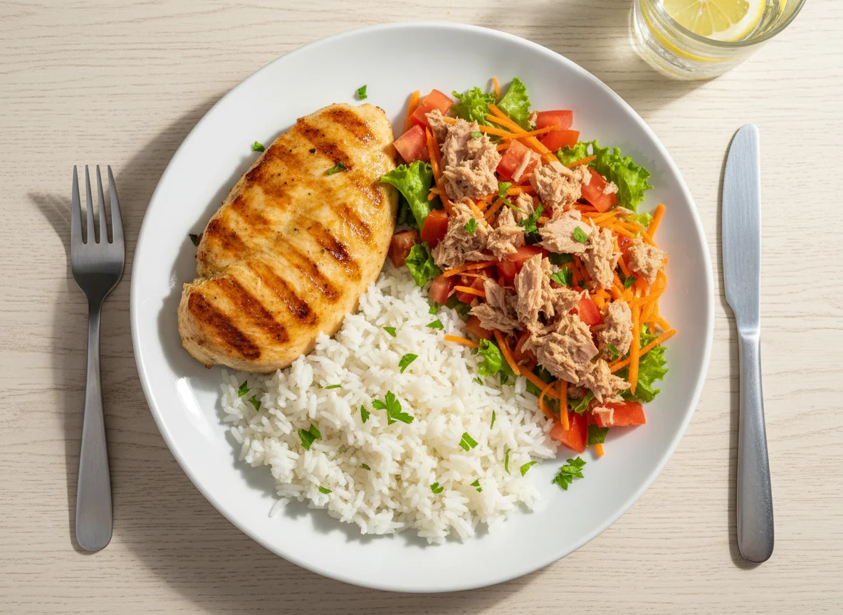 Prato com frango grelhado, arroz e salada de atum photo