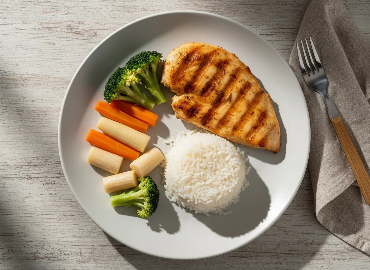 Prato com frango grelhado, arroz e vegetais cozidos photo