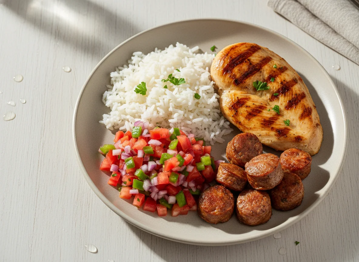 Prato com frango grelhado, arroz, vinagrete e linguiça photo
