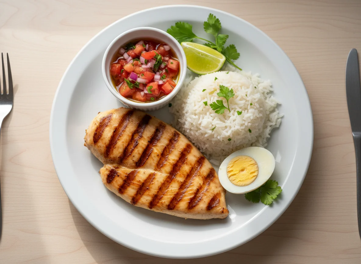 Prato com frango grelhado, arroz, vinagrete e ovo cozido photo