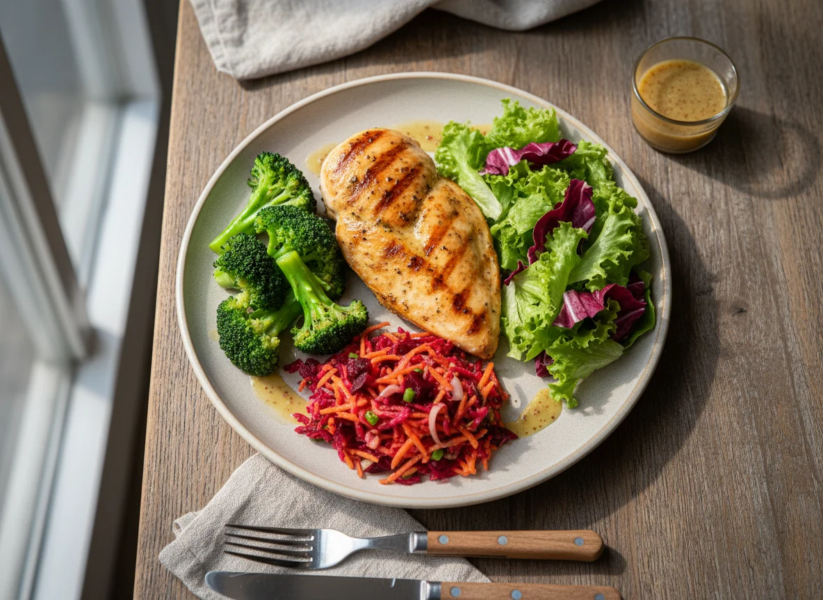 Prato com frango grelhado, brócolis, salada de folhas e salada de legumes photo