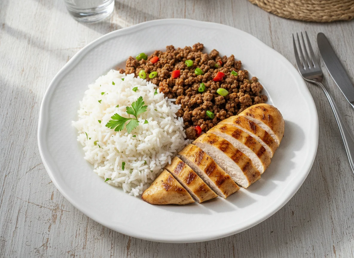 Prato com frango grelhado, carne moída e arroz photo