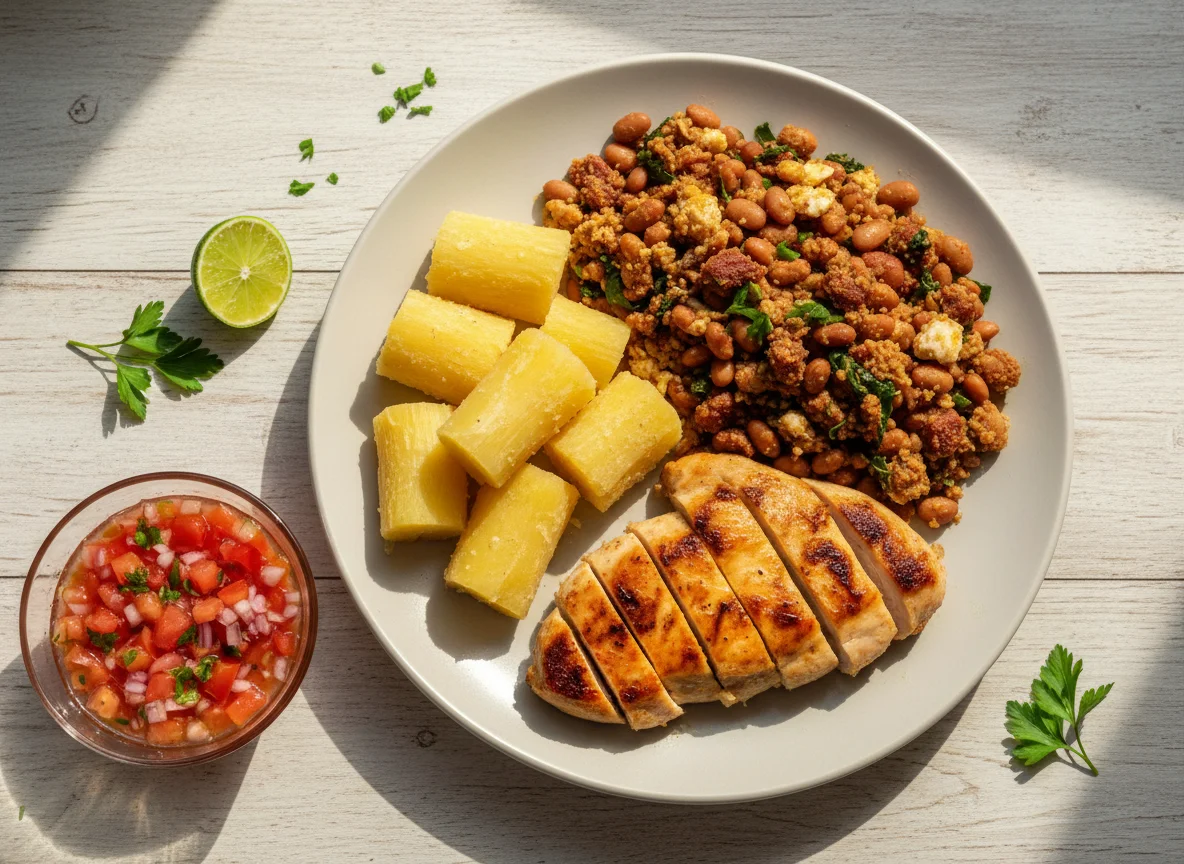 Prato com frango grelhado, mandioca, feijão tropeiro e vinagrete photo