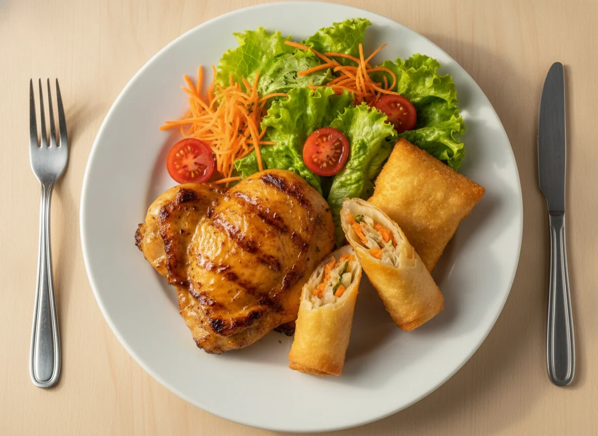 Prato com frango grelhado, pastel e salada photo