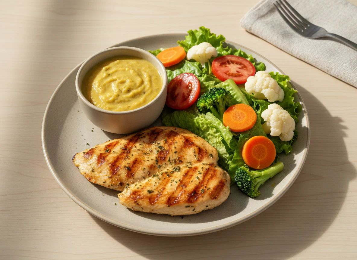 Prato com frango grelhado, pirão e salada photo