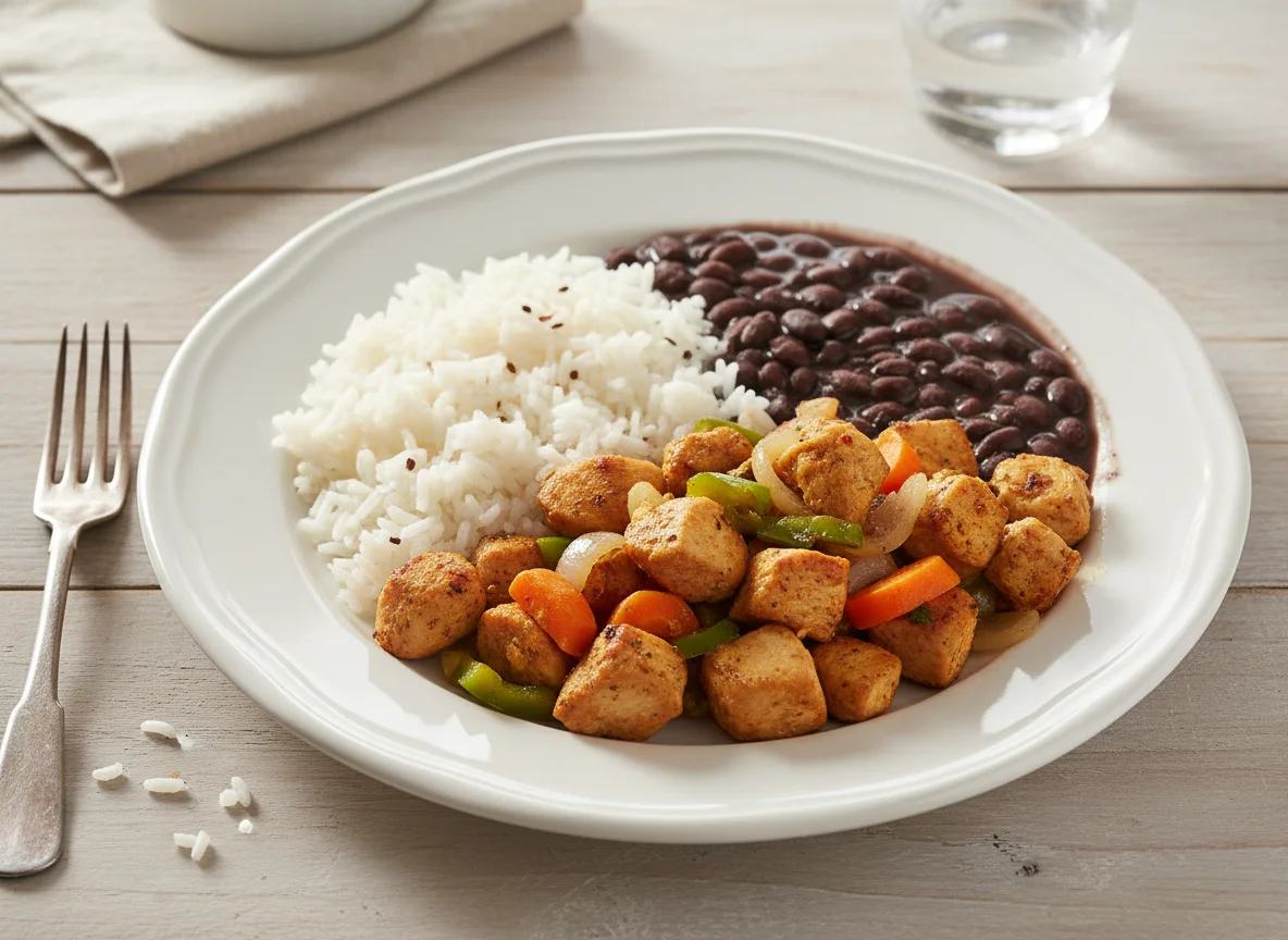 Prato com frango, legumes, arroz e feijão photo