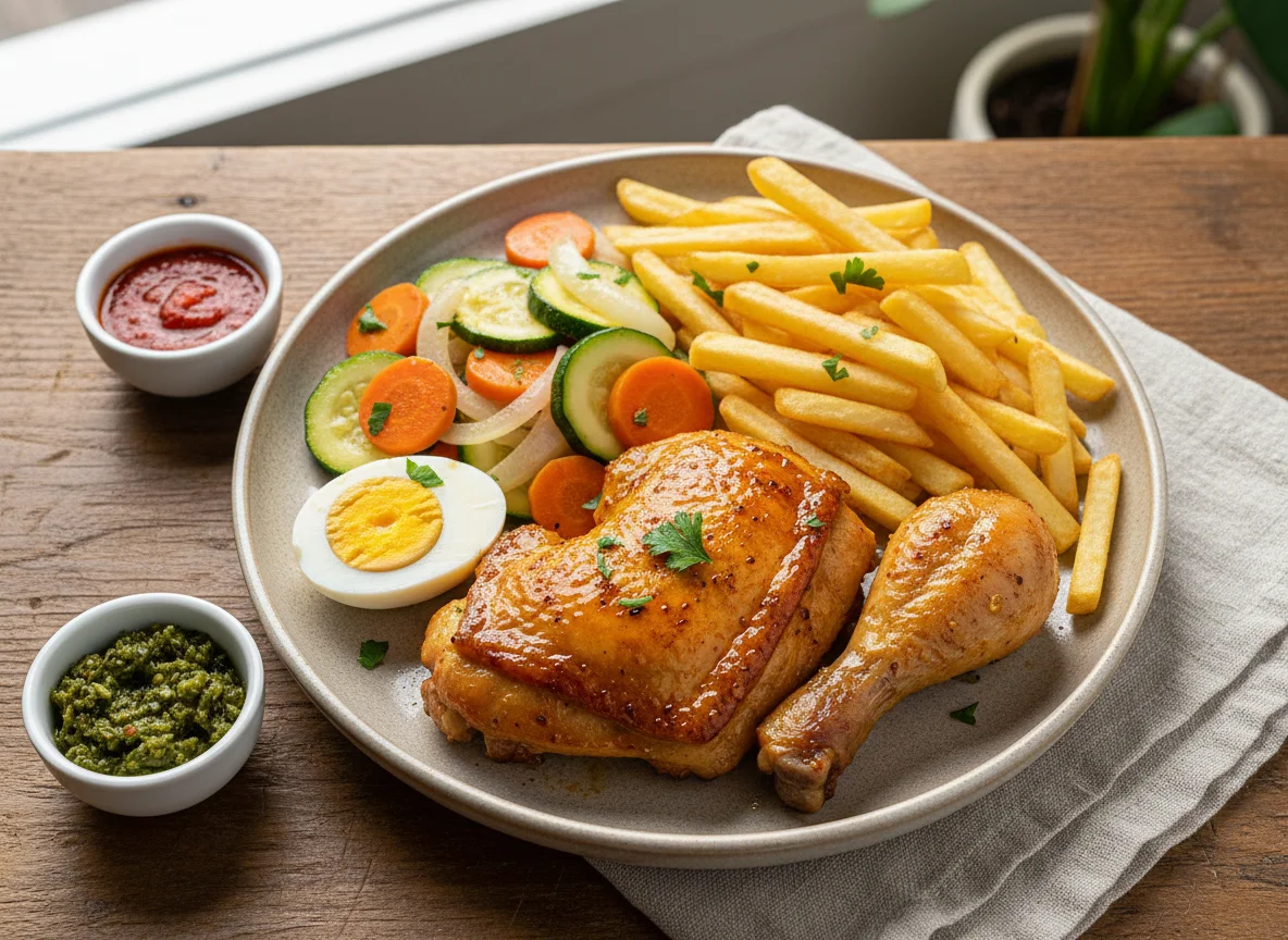 Prato com frango, legumes e ovo cozido photo