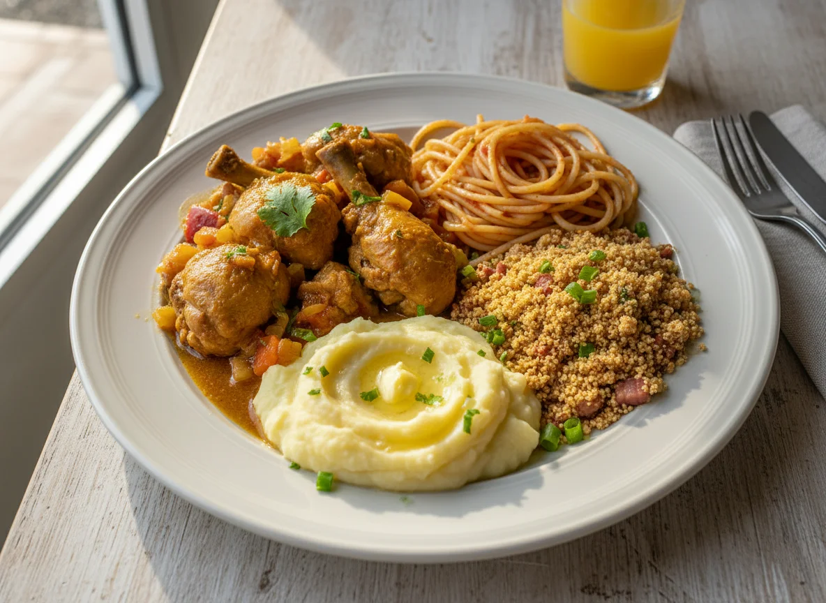 Prato com frango, macarrão, purê de batata e farofa photo
