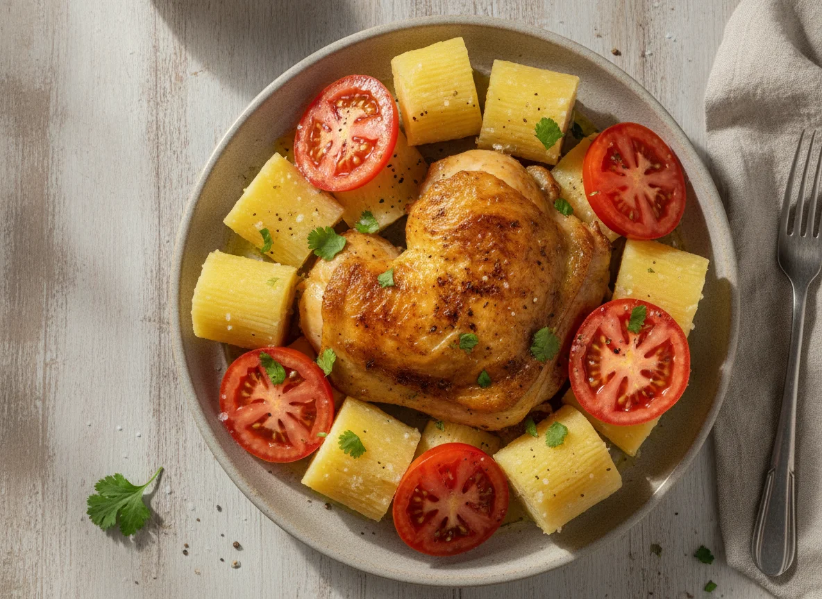 Prato com frango, mandioca e tomate photo