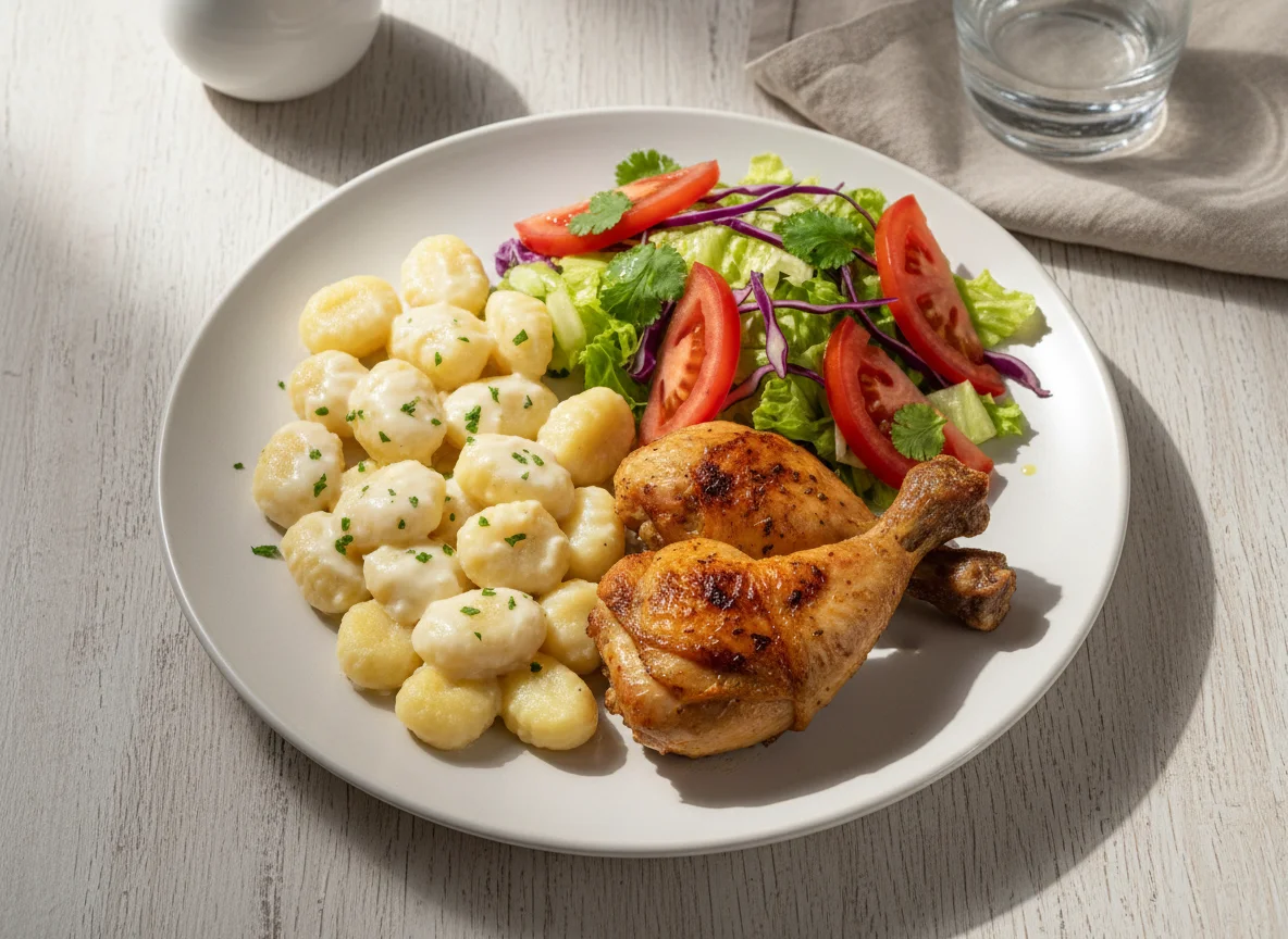 Prato com frango, nhoque e salada photo