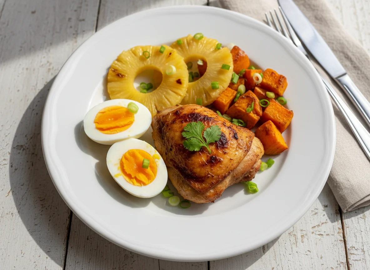 Prato com frango, ovos, abacaxi e batata doce photo