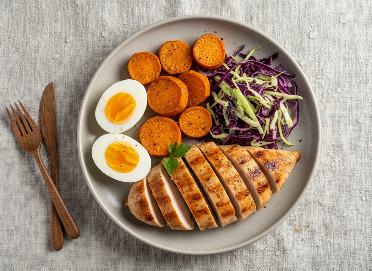 Prato com frango, ovos, batata doce e repolho photo