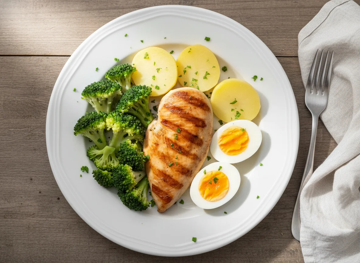 Prato com frango, ovos, brócolis e batata photo