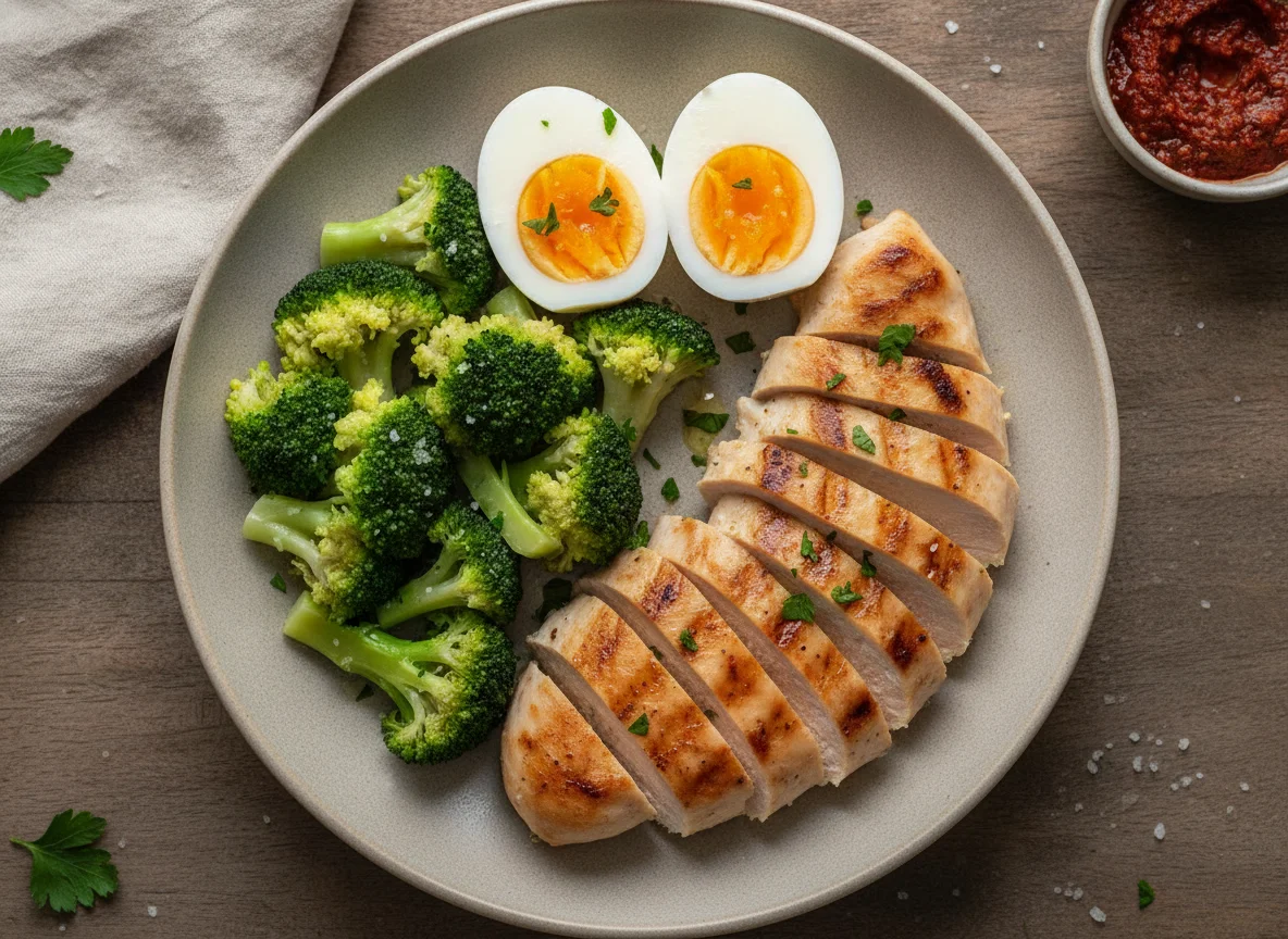 Prato com frango, ovos e brócolis photo