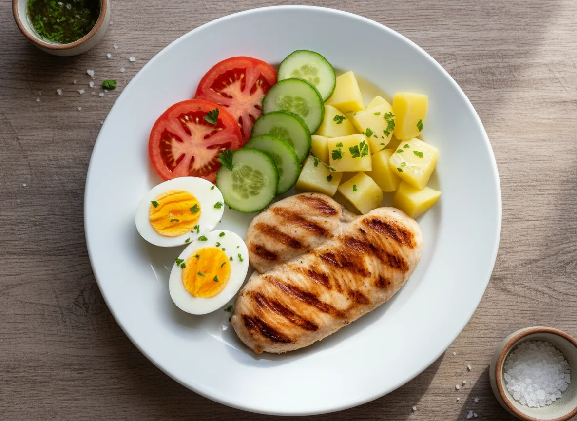 Prato com frango, ovos e salada photo