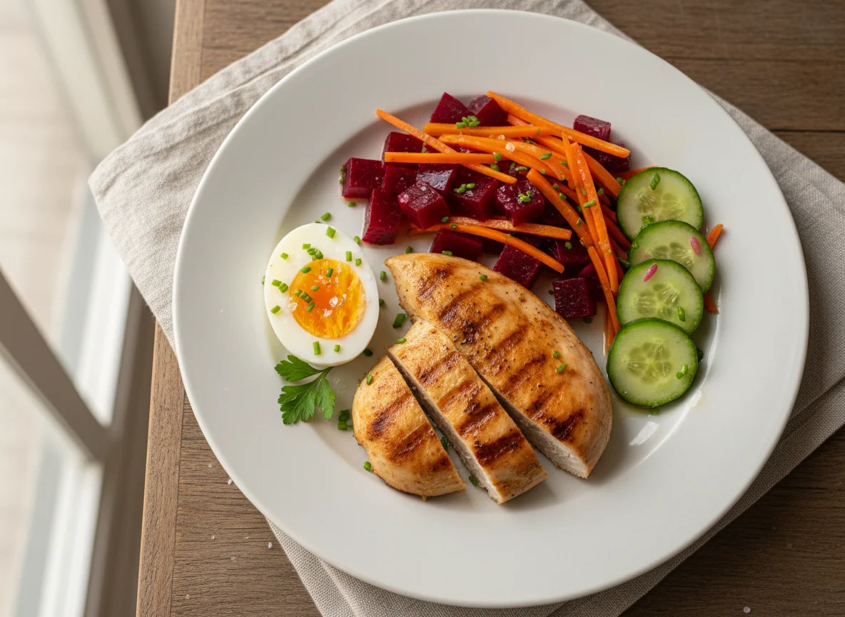 Prato com frango, ovos e salada de legumes photo
