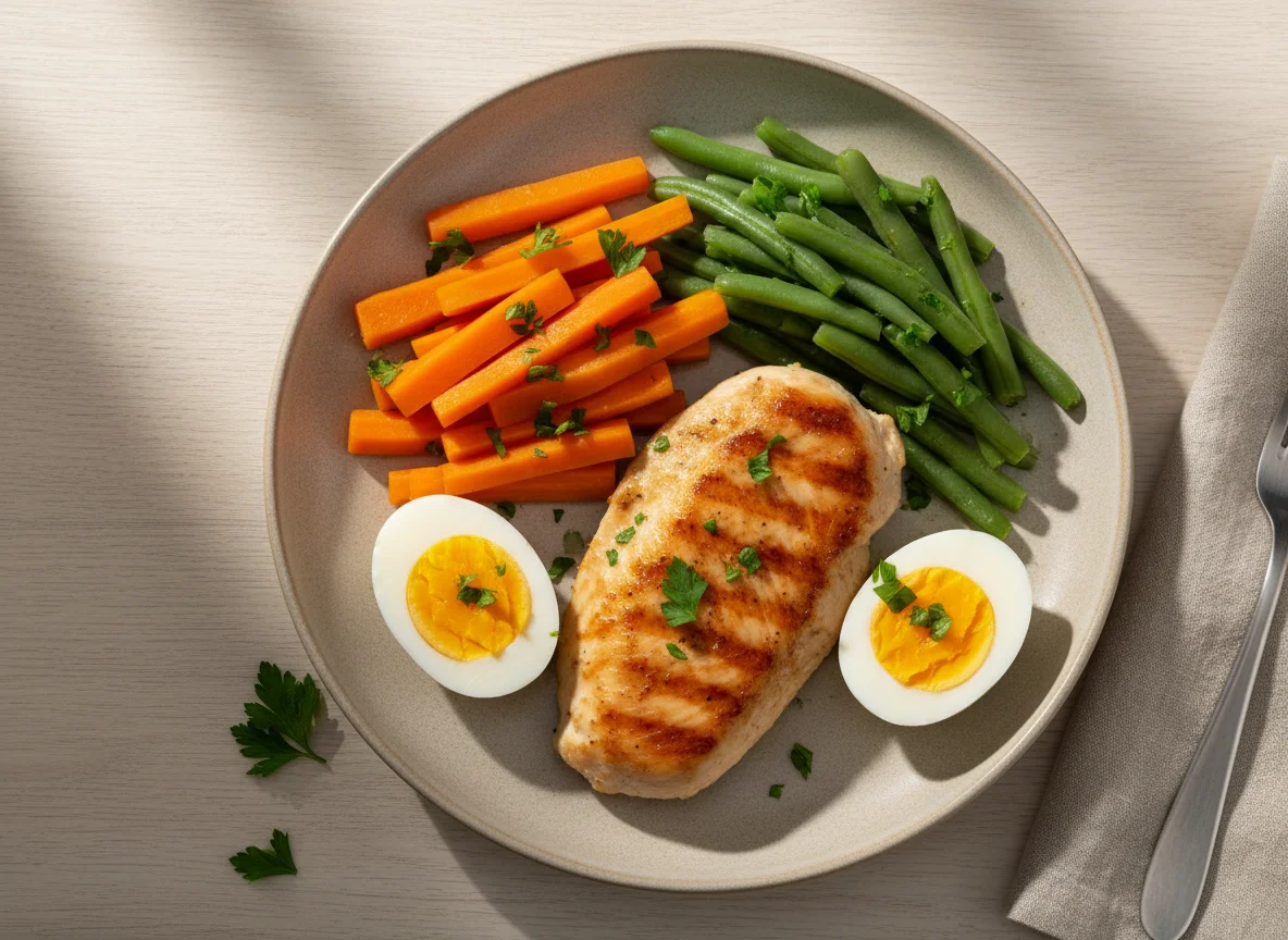 Prato com frango, ovos e vegetais photo