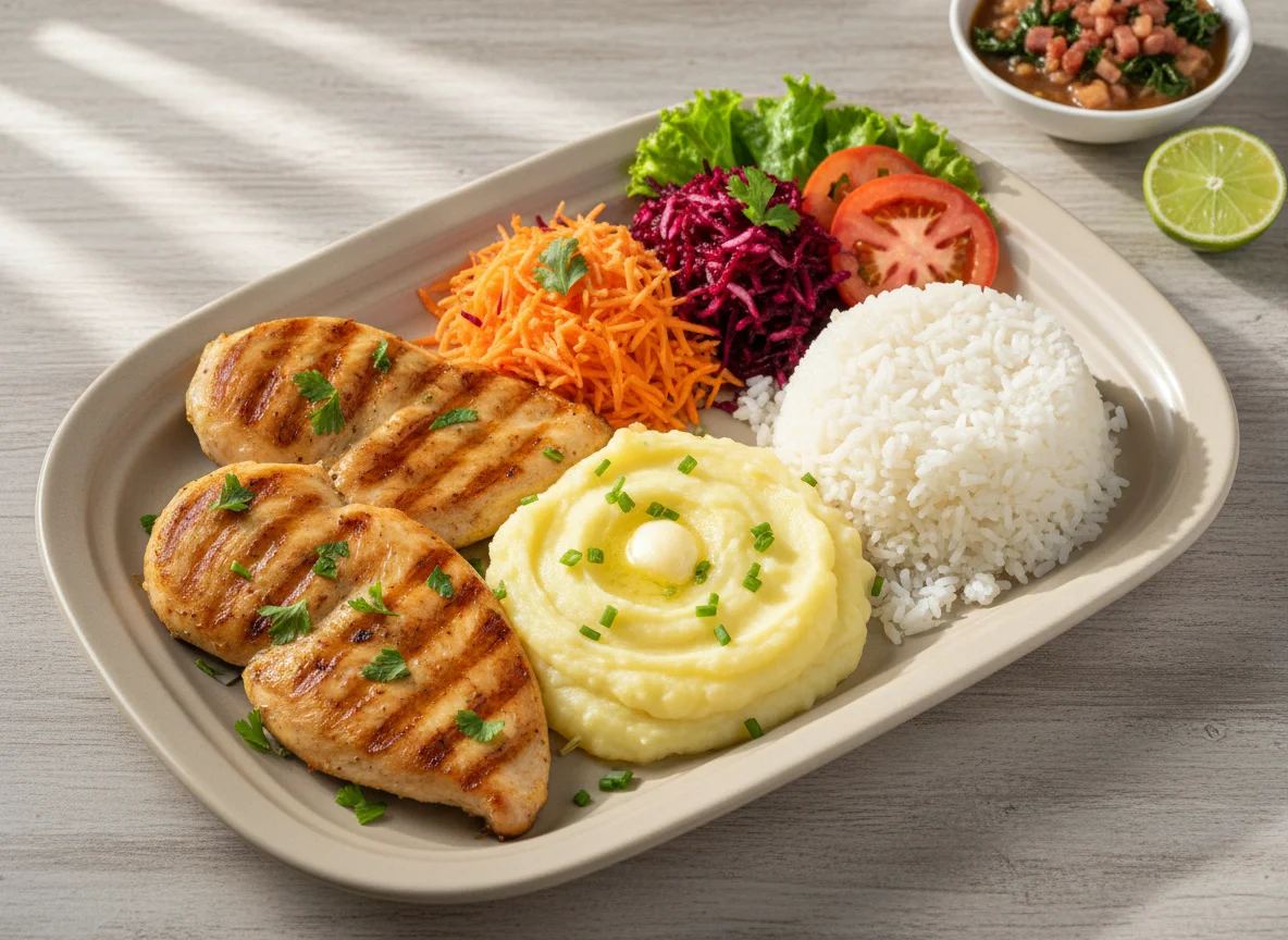 Prato com frango, purê, arroz e salada photo