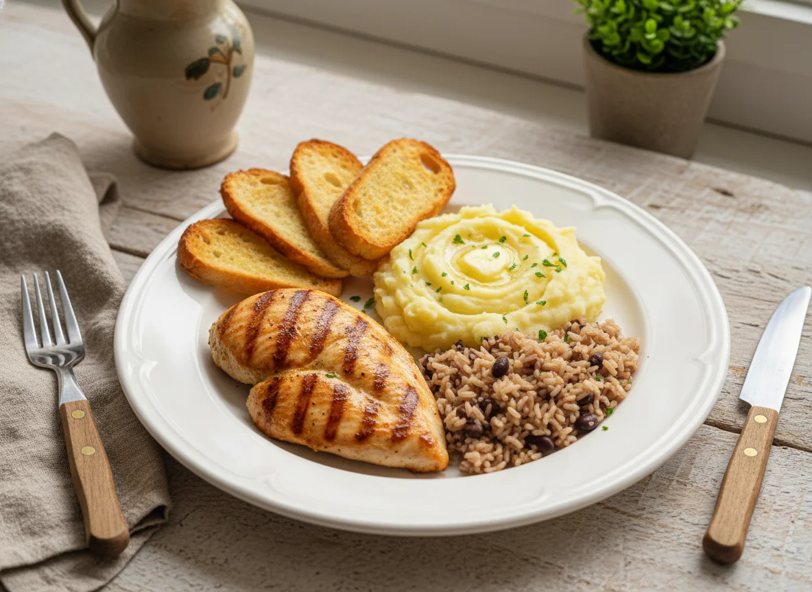 Prato com frango, purê, arroz e torrada photo