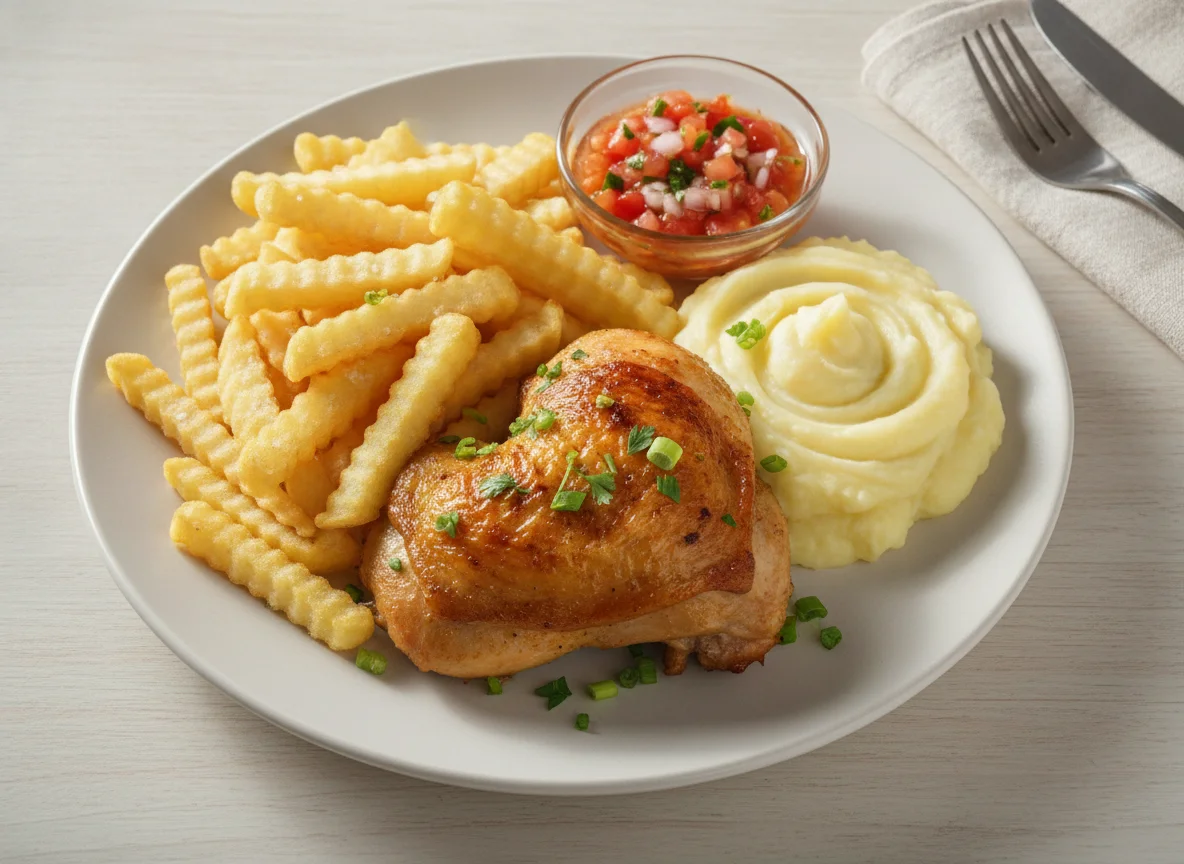 Prato com frango, purê de batata e batata frita photo