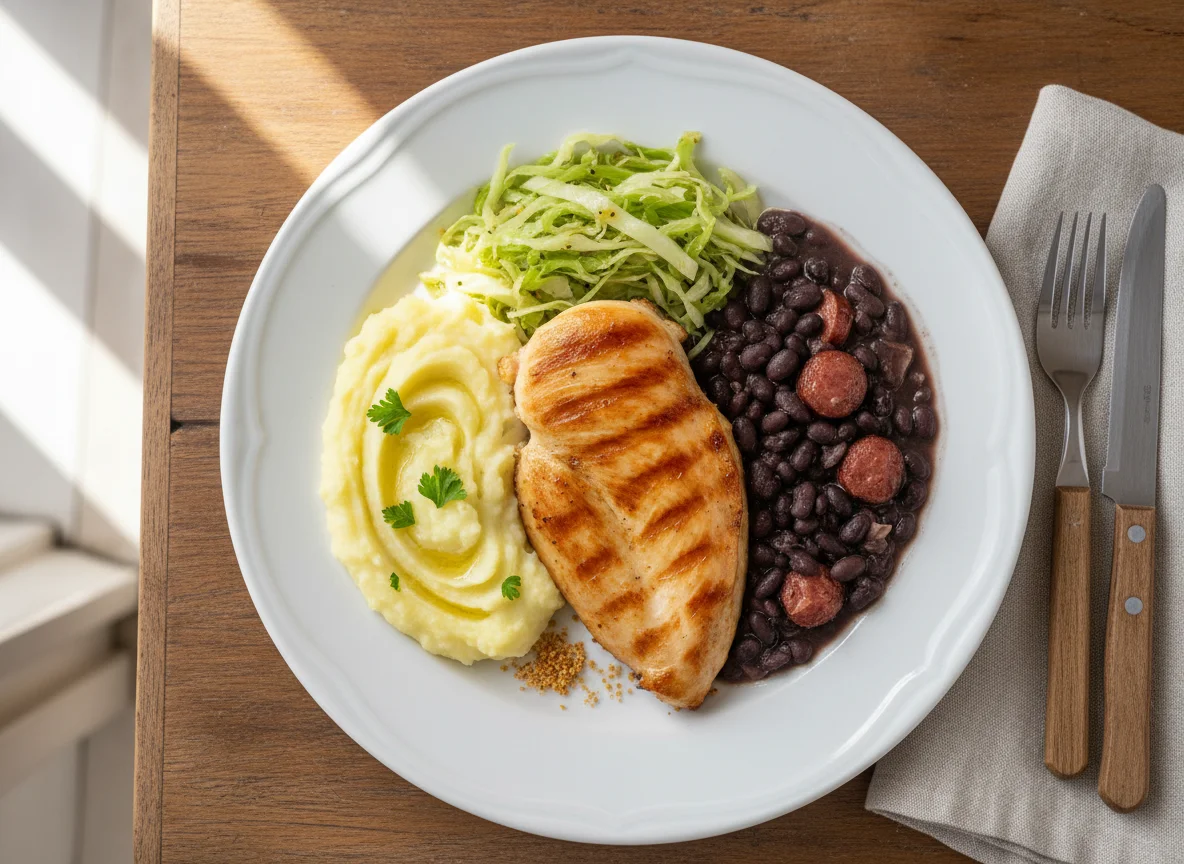 Prato com frango, purê de batata, feijão e repolho photo