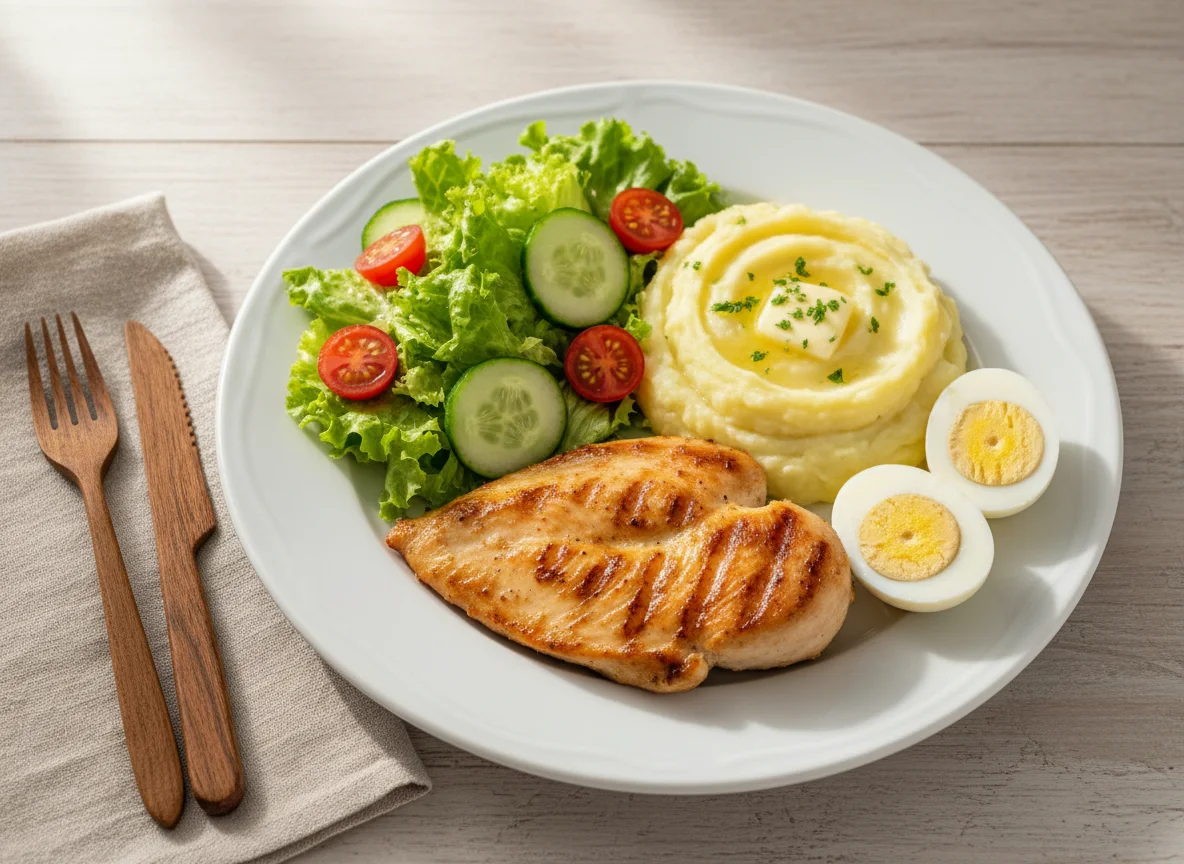 Prato com frango, purê, salada e ovos photo