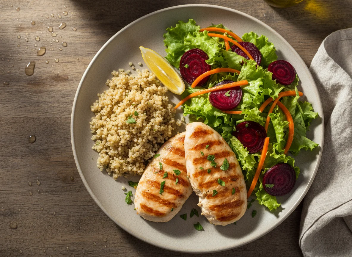 Prato com frango, quinoa e salada photo