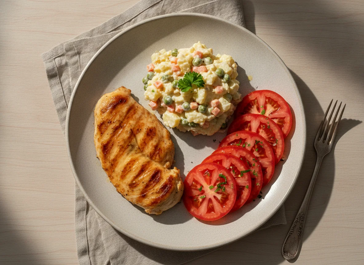 Prato com frango, salada de maionese e tomate photo