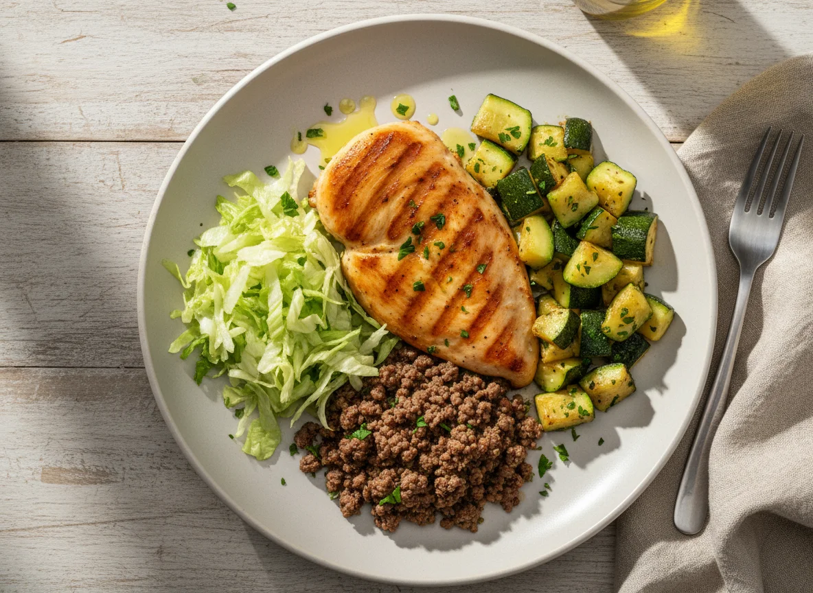 Prato com frango, salada e legumes com carne moída photo