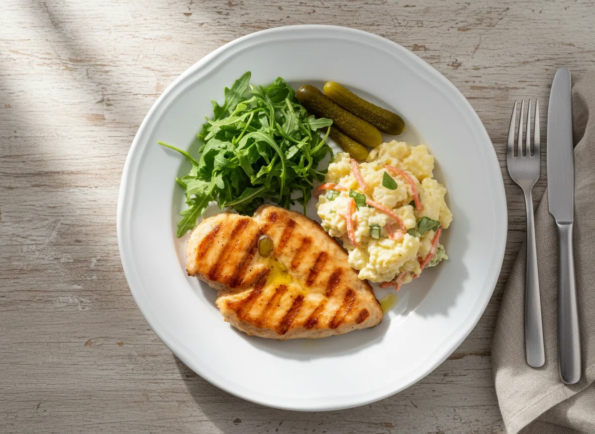 Prato com frango, salada e maionese de batata photo