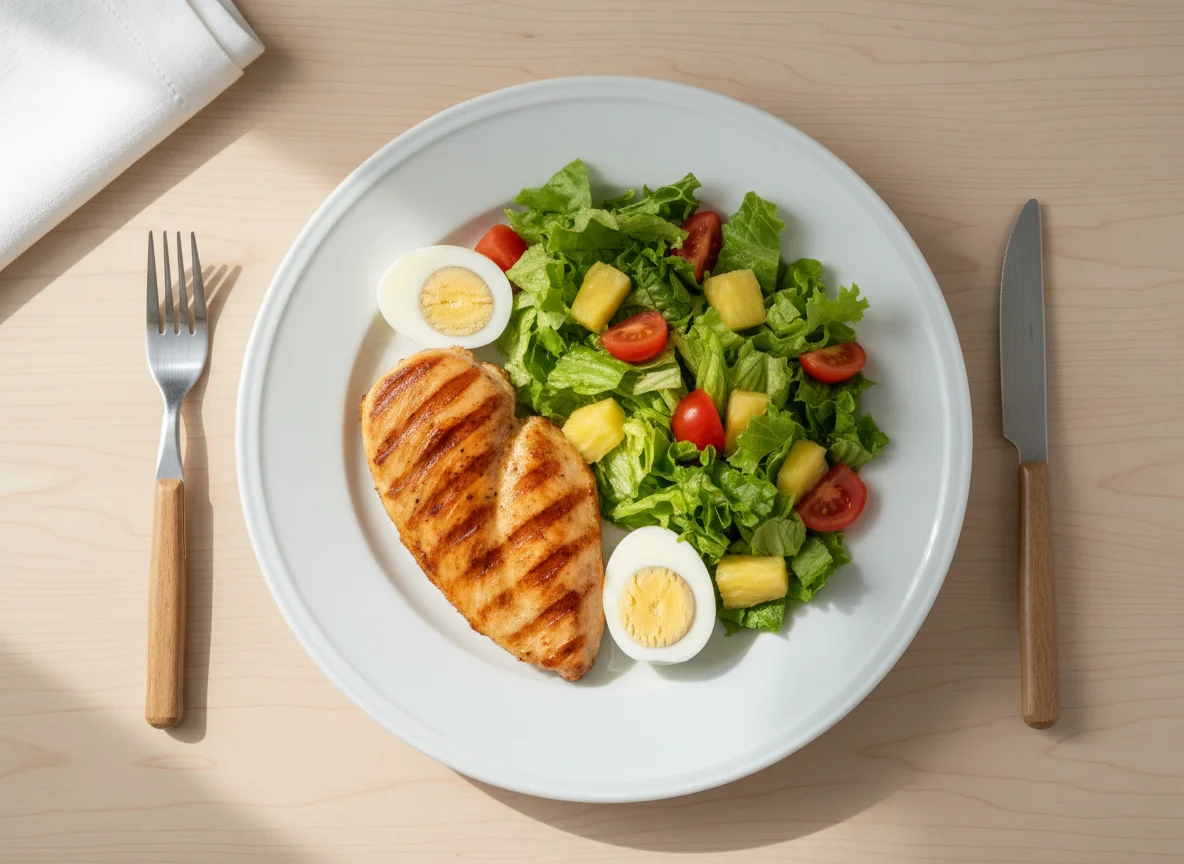 Prato com frango, salada e ovo photo