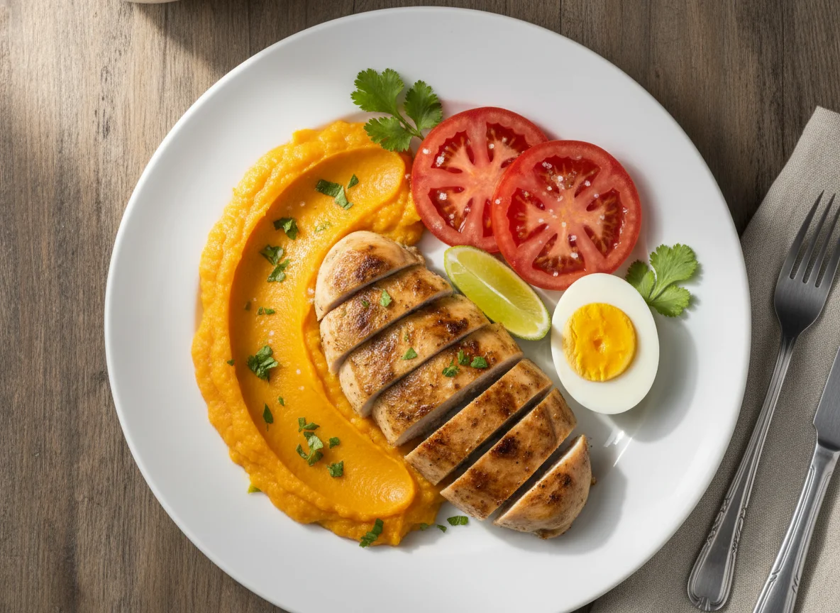 Prato com frango, tomate, ovo e purê de abóbora photo
