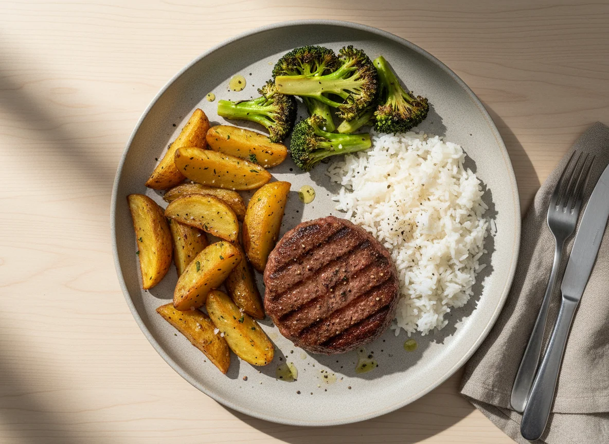 Prato com hambúrguer, arroz, batata rústica e brócolis photo