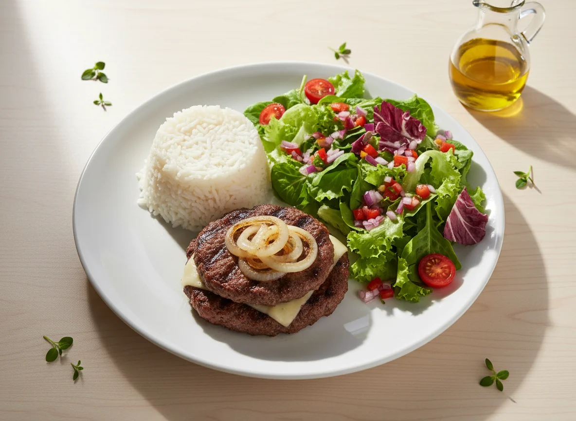 Prato com hambúrguer, arroz e salada photo